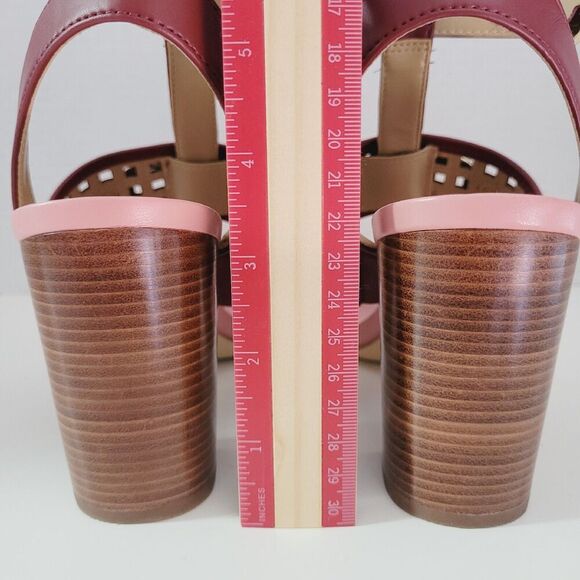 8.5 Women's MK MICHAEL KORS Burgundy Wine Ankle Strappy Block Heel Sandals - Picture 3 of 14